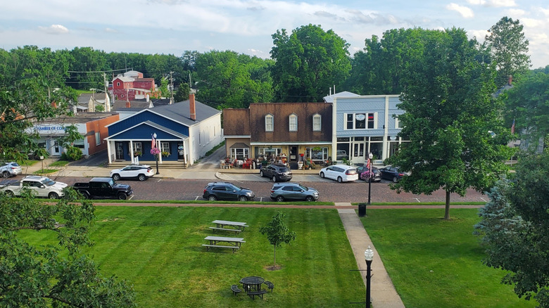 Historic buildings bordering a town square in Sunbury, Ohio
