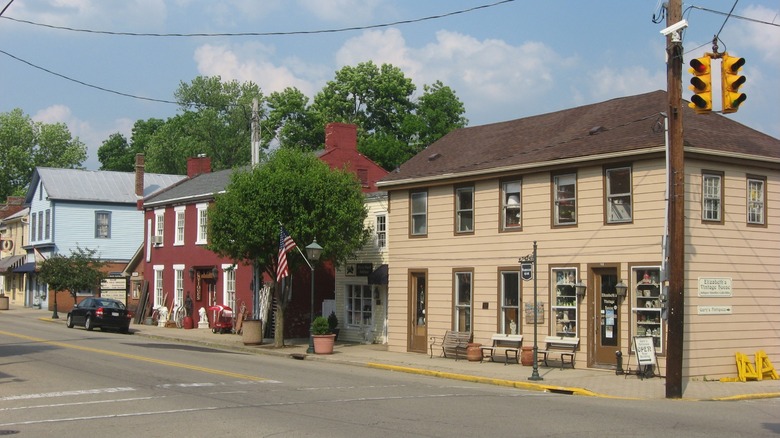 The facades of storefronts in Waynesville, Ohio, on a sunny day