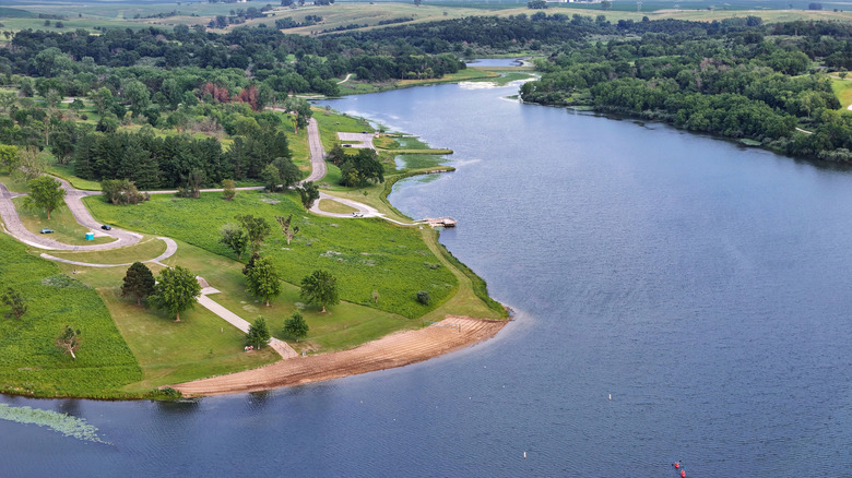 An aerial view of Anita and Lake Anita in Lake Anita State Park in Iowa