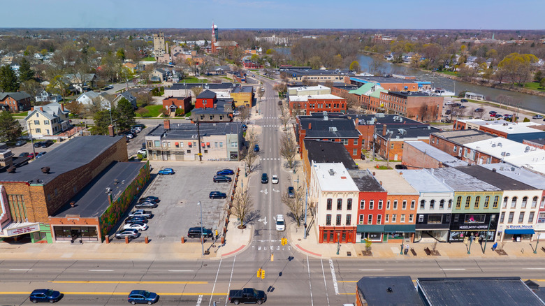Aerial view of buildings in downtown Monroe, Michigan