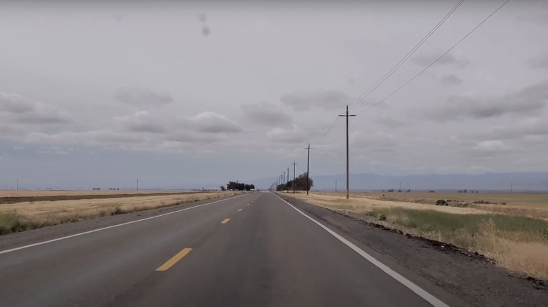 long black road with fields on the side
