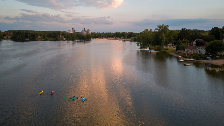 Aerial view of kayakers on Random Lake, Wisconsin