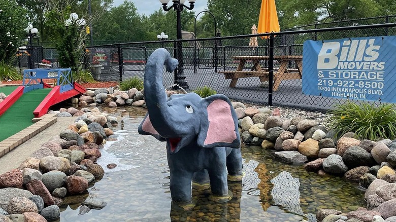 A happy elephant water feature at the mini-golf course at Zig-E's Funland