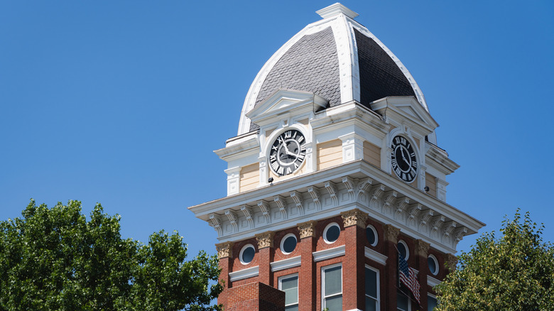 The clock tower of the courthouse in Marshall, Missouri