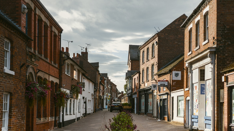Two rows of buildings in Market Drayton's downtown.