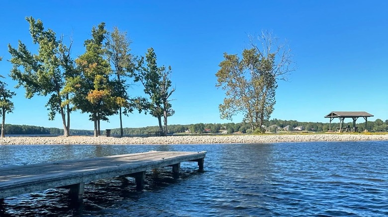 A wooden dock stretching into the waters of Beech Lake with trees lining the lakeshore