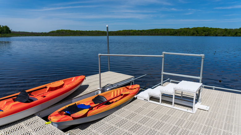 Kayaks on a public access dock in Kettle Moraine National Forest near Cascade, Wisconsin