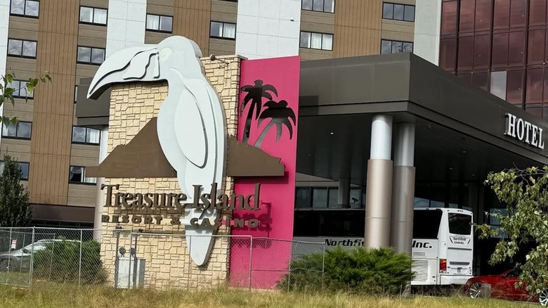 Exterior of Treasure Island casino with bus