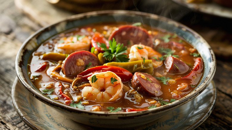 A smoking bowl of gumbo with shrimp, meat and vegetables.