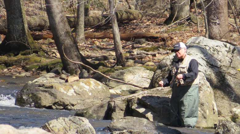 A fly fisherman, wearing a cap, stands in the South Branch of the Raritan River