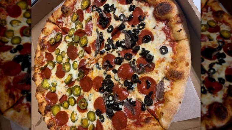 Pepperoni pizza with jalapenos, olives and anchovies from Ciccino's Pizzeria and Restaurant, Waterloo, NY