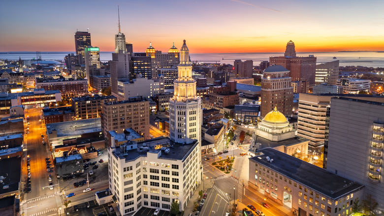 The city skyline at sunset