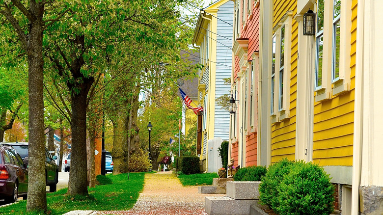 Street view of colorful colonial homes and trees in Wickford, summer day.