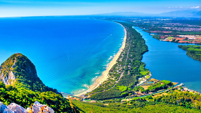 A panoramic view of Sabaudia and Sabaudia Lake from Mount Circeo, Italy