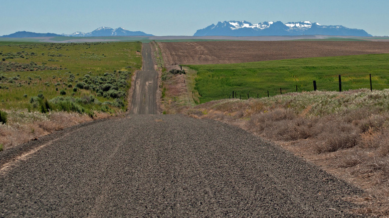 A shot of a rural road with mountain backdrop near Waterville, Washington