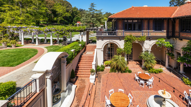The red brick courtyard and manicured gardens at Montalvo Villa, near Los Gatos, California.