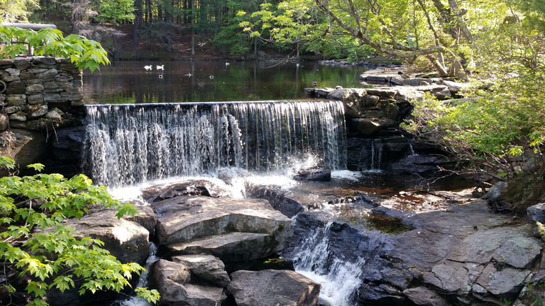 Waterfall and pond outside the Old Mill Restaurant in Westminster, Massachusetts, surrounded by green foliage