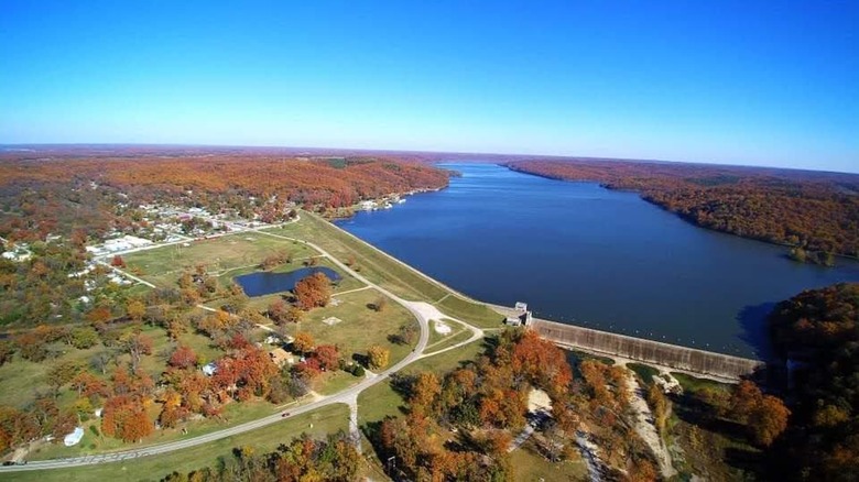 Aerial view of Spavinaw area and Grand Lake State Park in autumn.