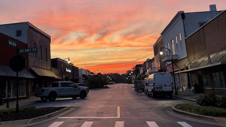 Sunset over a quiet street in Gravette, Arkansas