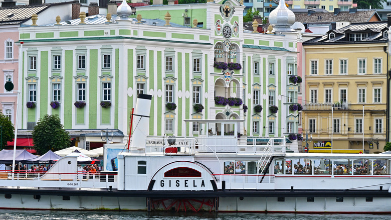 A historic boat docks at the beautiful lake town of Gmunden, Austria
