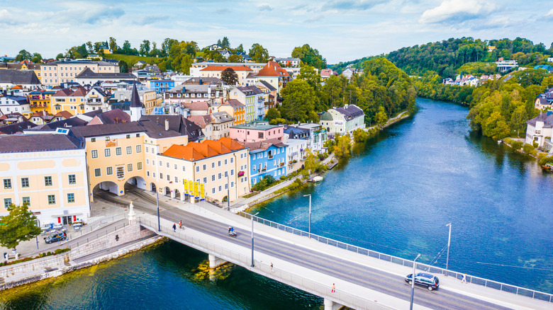 The Traun River meeting Lake Traun in Gmunden, Austria