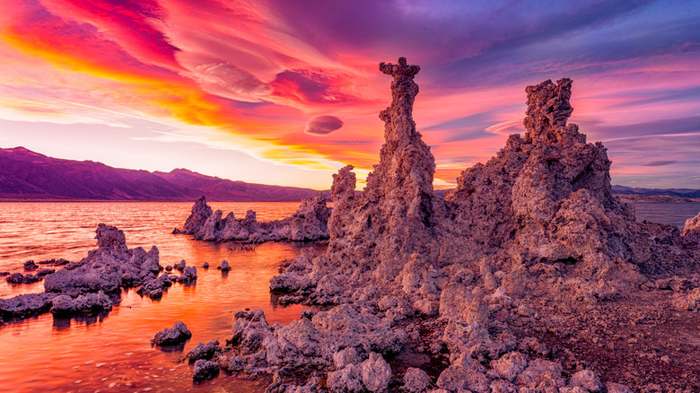 a mineral formation rises up from California's Mono Lake waters with a red and purple sky behind