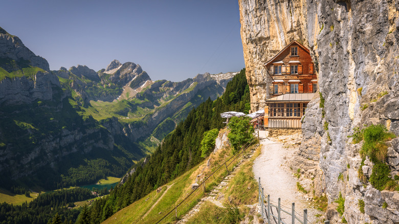 Ancient cliffside monastery-turned-restaurant in the Swiss Alps near Appenzell