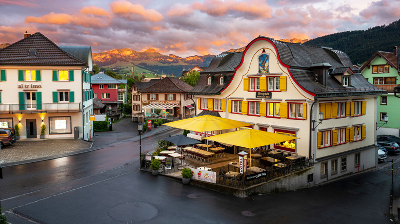 Colorful traditional buildings in the Swiss village of Appenzell at sunset