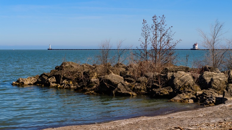 Lake Erie views with a lighthouse in the distance in Ohio