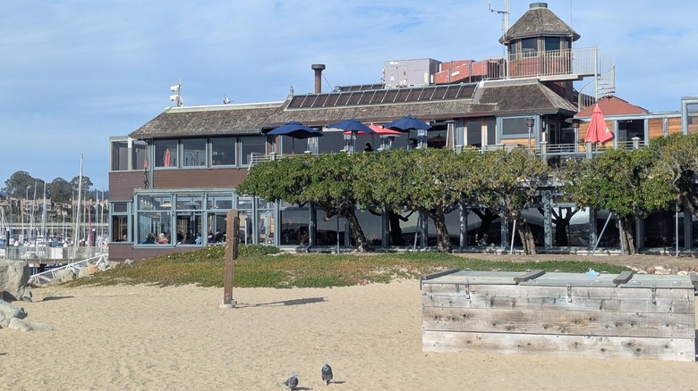 The two-story Crow's Nest restaurant overlooking the beach and the Santa Cruz Harbor.