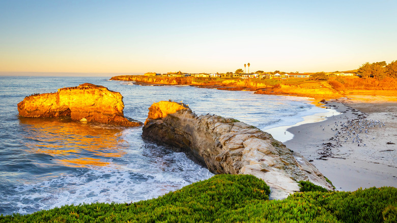 The sun rises over a sandstone bridge at Natural Bridges State Beach in Santa Cruz, California.