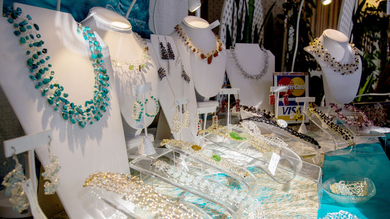 Sea glass jewelry display at the Sea Glass and Ocean Art Festival in Santa Cruz