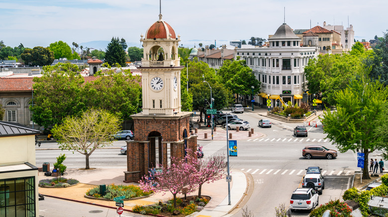 The clock tower at the top of the Pacific Garden Mall in Downtown Santa Cruz, California.