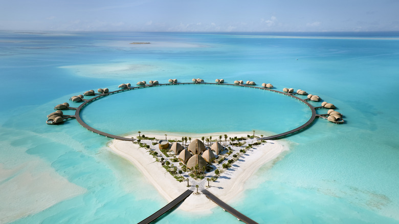 Aerial view of the over-water villas at Nujuma, a Ritz-Carlton Reserve, a five-star luxury resort in the Red Sea off the western coastline of Saudi Arabia