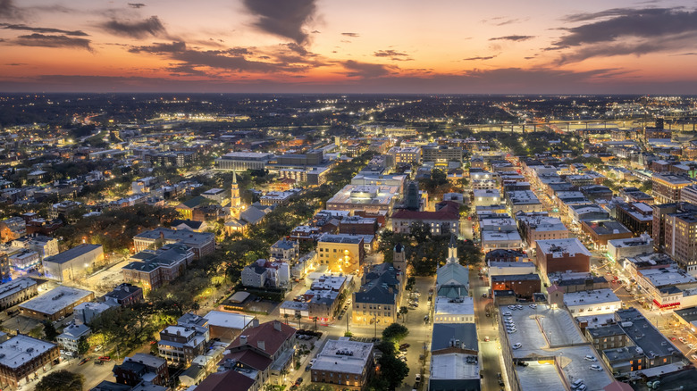 Aerial view of Savannah, Georgia, at sunset