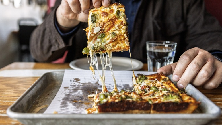 Gourmet Detroit-style pizza at Michigan & Trumbull in Corktown, Detroit.