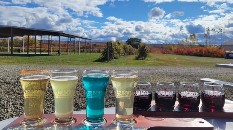 A close-up of a beer and wine flight at Arundel Cellars & Brewing Co in Pennsylvania