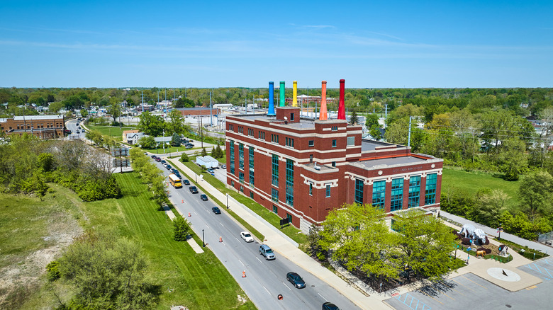 Colorful smokestacks rise from Science Central, a power plant-turned-museum in Fort Wayne, Indiana.