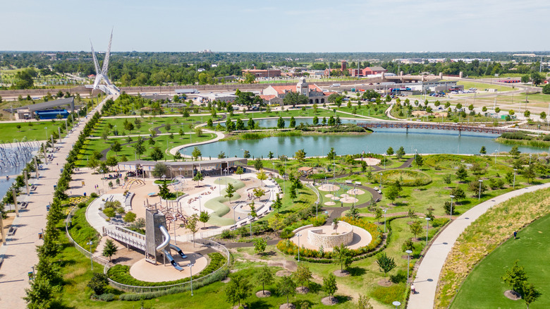 A bird's-eye view of Scissortail Park in downtown Oklahoma City.