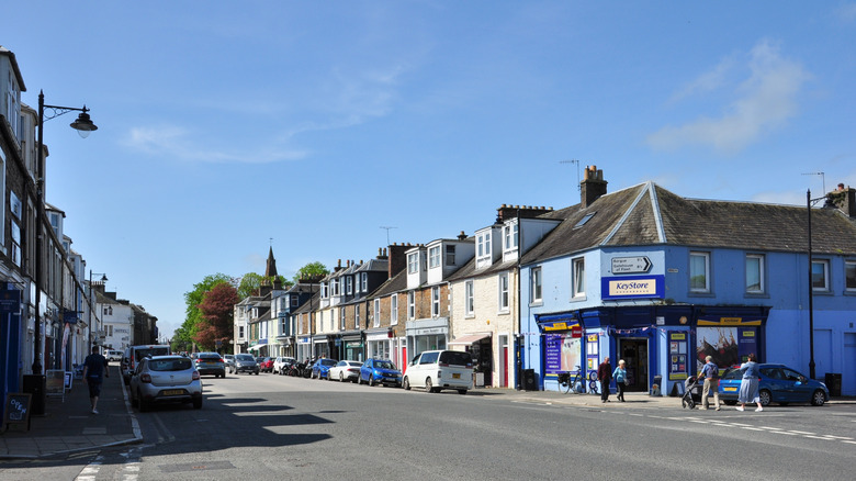 Town center of Kirkcudbright, Scotland on sunny day