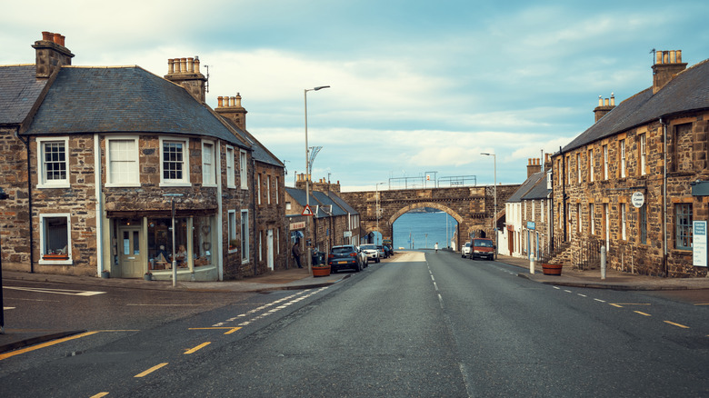 Looking down a main street towards the old viaduct in Cullen, Scotland