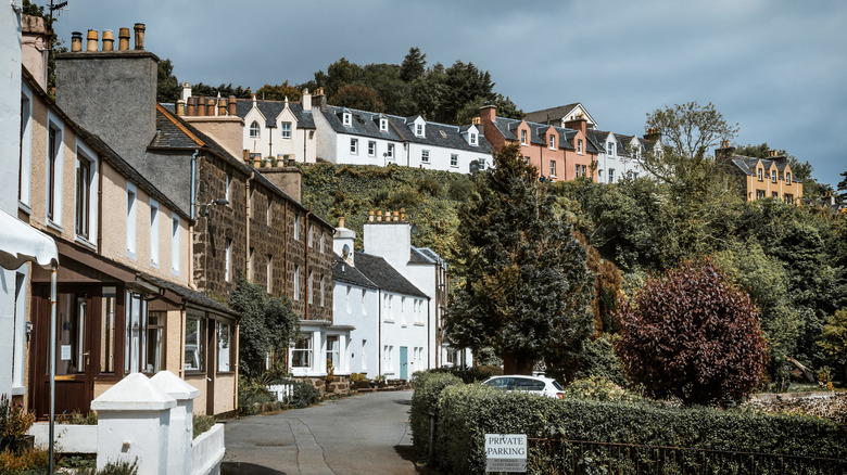 Streets of Portree, Scotland, lined with colorful houses and hedges