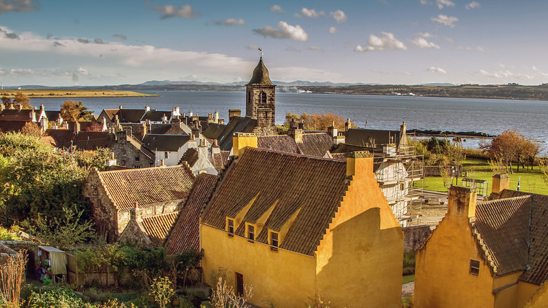 Aerial view of Culross buildings overlooking the Firth of Forth