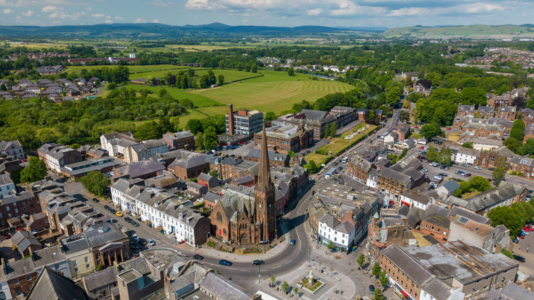 Aerial view of the Greyfriars Church in the town square of Dumfries, Scotland
