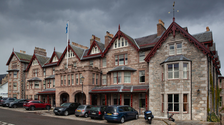 Stone exterior of the Fife Arms hotel in Braemar, Scotland