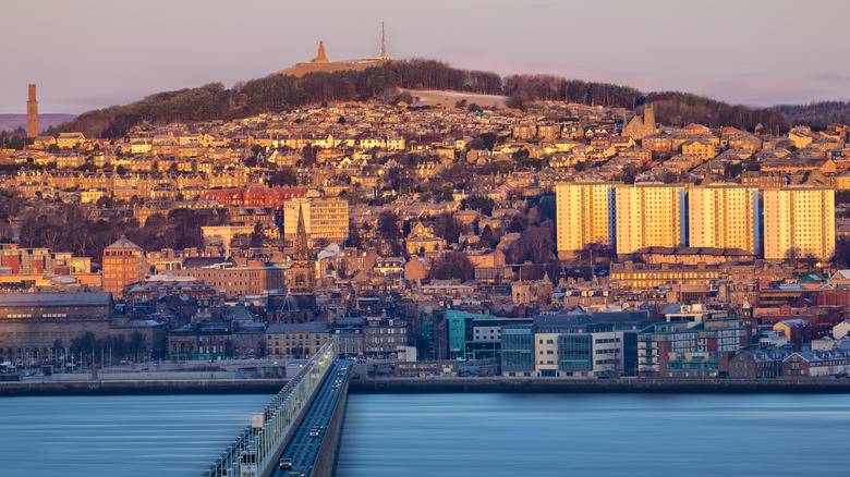 The skyline of Dundee, Scotland at sunrise