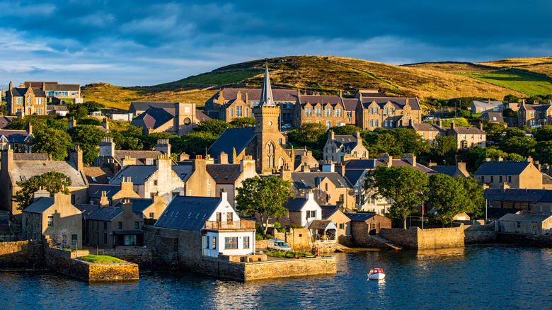 Buildings in Stromness at golden hour
