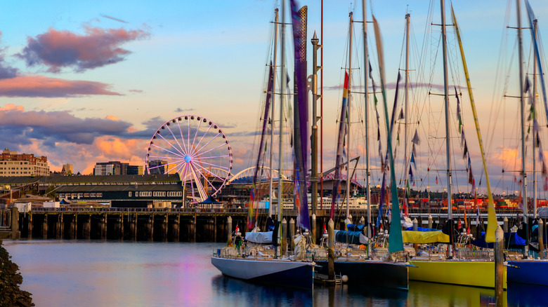 Seattle waterfront with boats and a pier