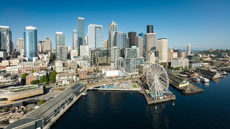 Buildings and ferris wheel in Downtown Seattle