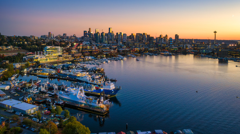 Seattle harbor and skyline at dusk